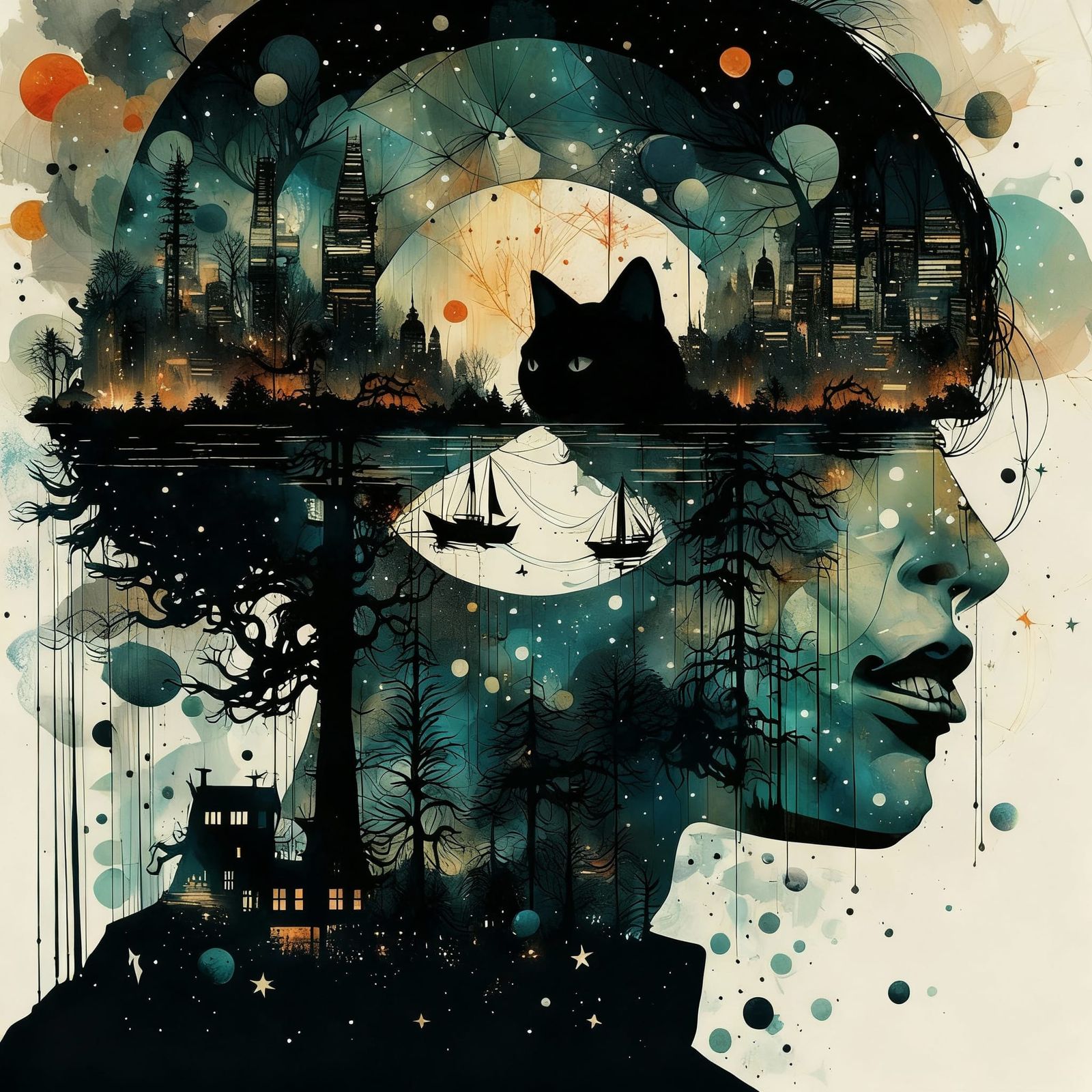 Galaxy Drip Silhouette Cat Head Double Exposure