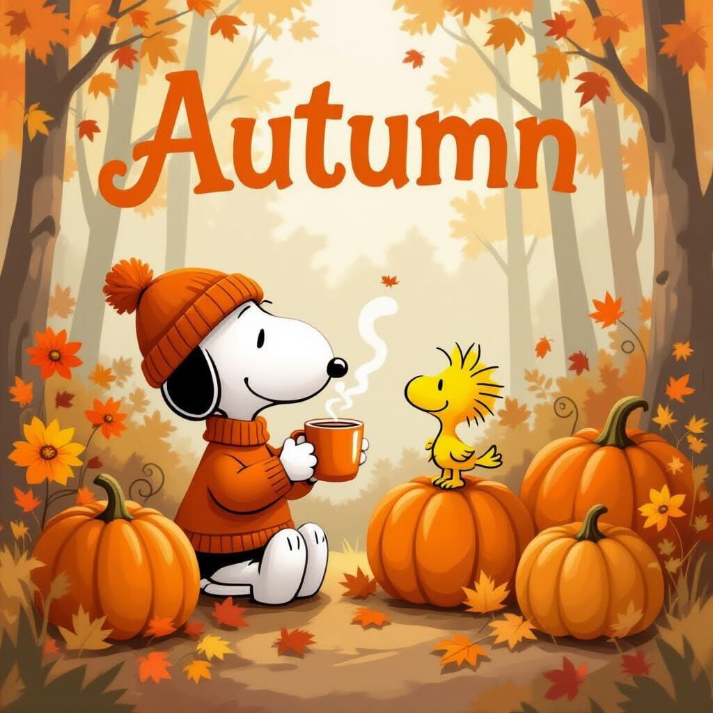 Snoopy Enjoys Autumn Warmth with Bird & Pumpkins