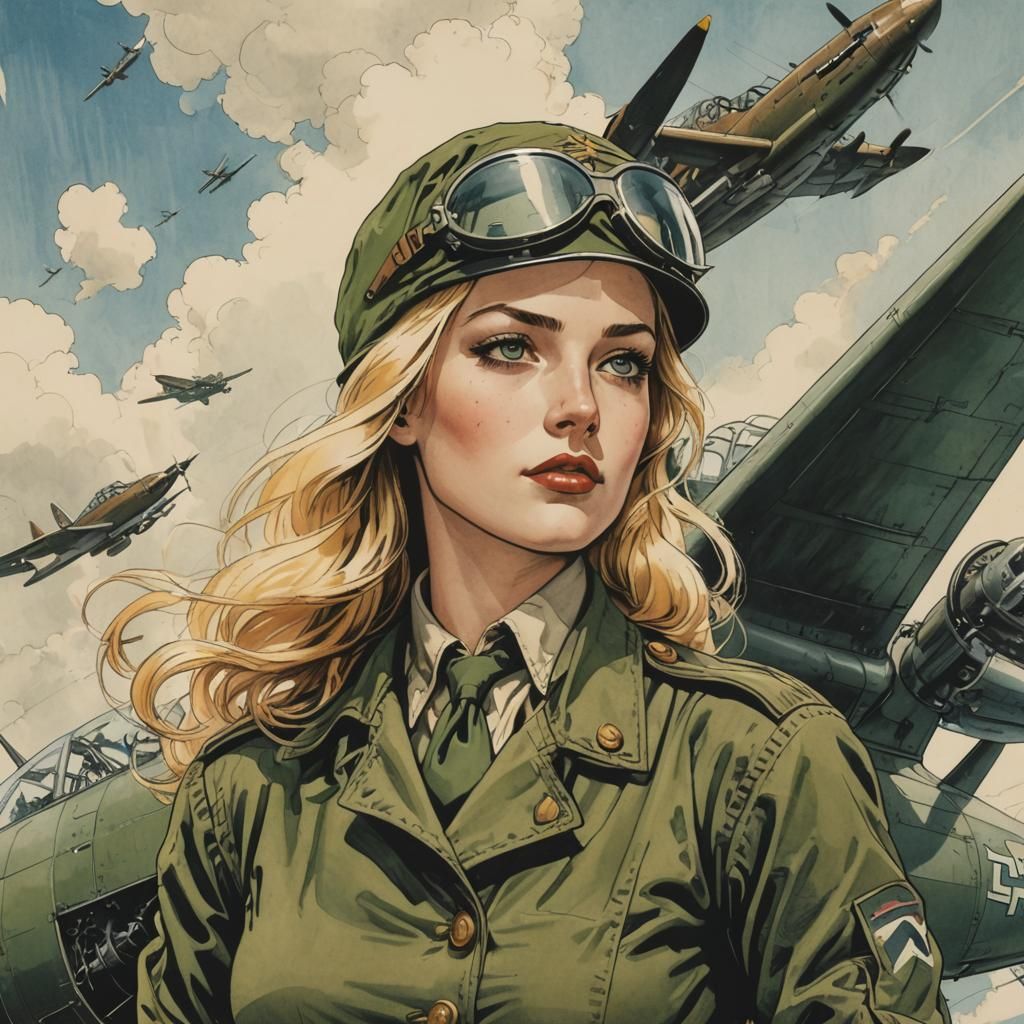 WWII Pilot Woman in Frank Miller Comic Style
