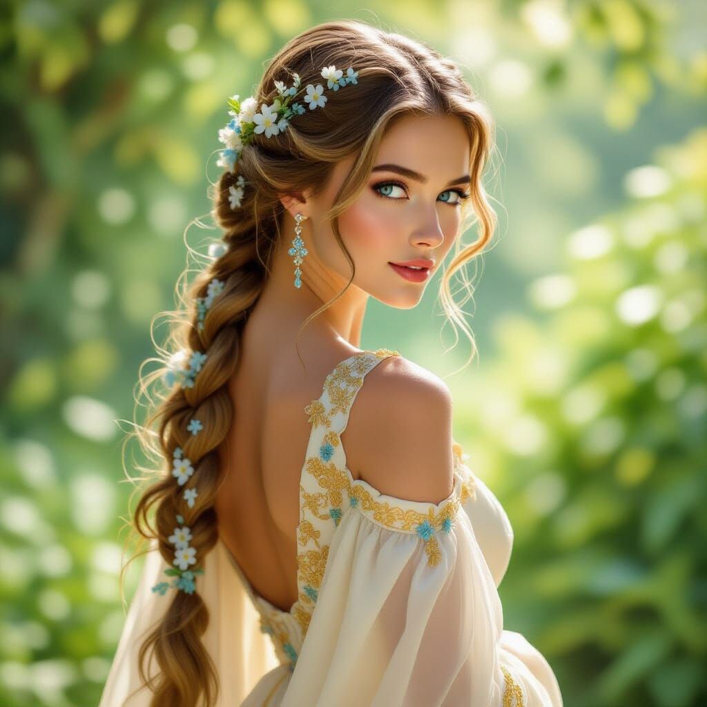 Ethereal Woman with Braids and Garland in Garden Setting