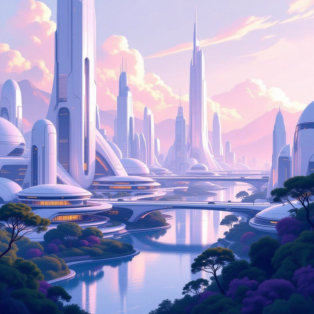 Utopian Cityscape with Futuristic Architecture and Nature
