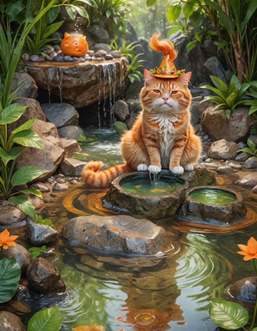 Happy Cat in Hot Spring with Leaf Hat