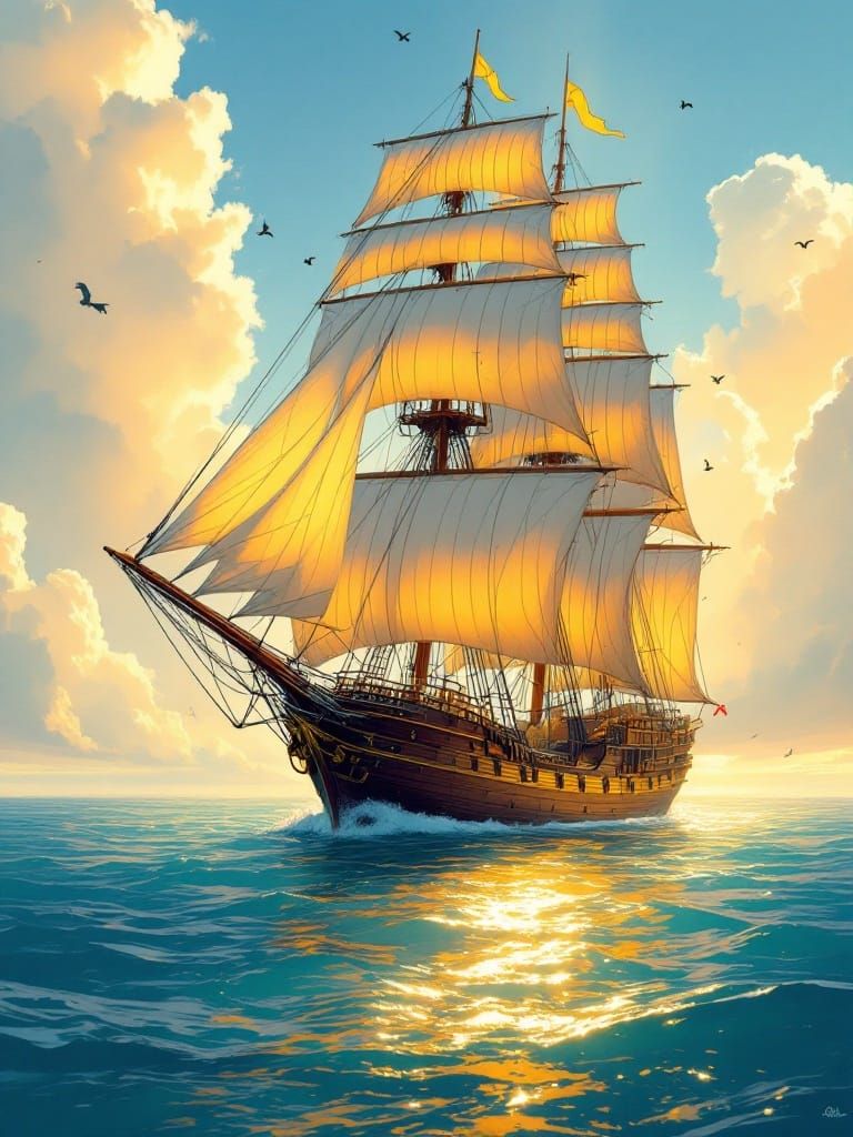 Golden Sails on Turquoise Sea: Miyazaki Style