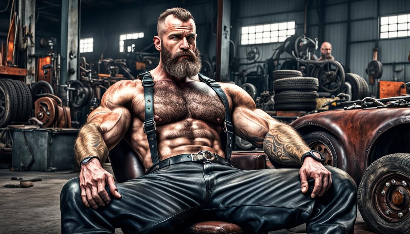 Hyperrealistic Car Mechanic with Pierced Chest in Leather