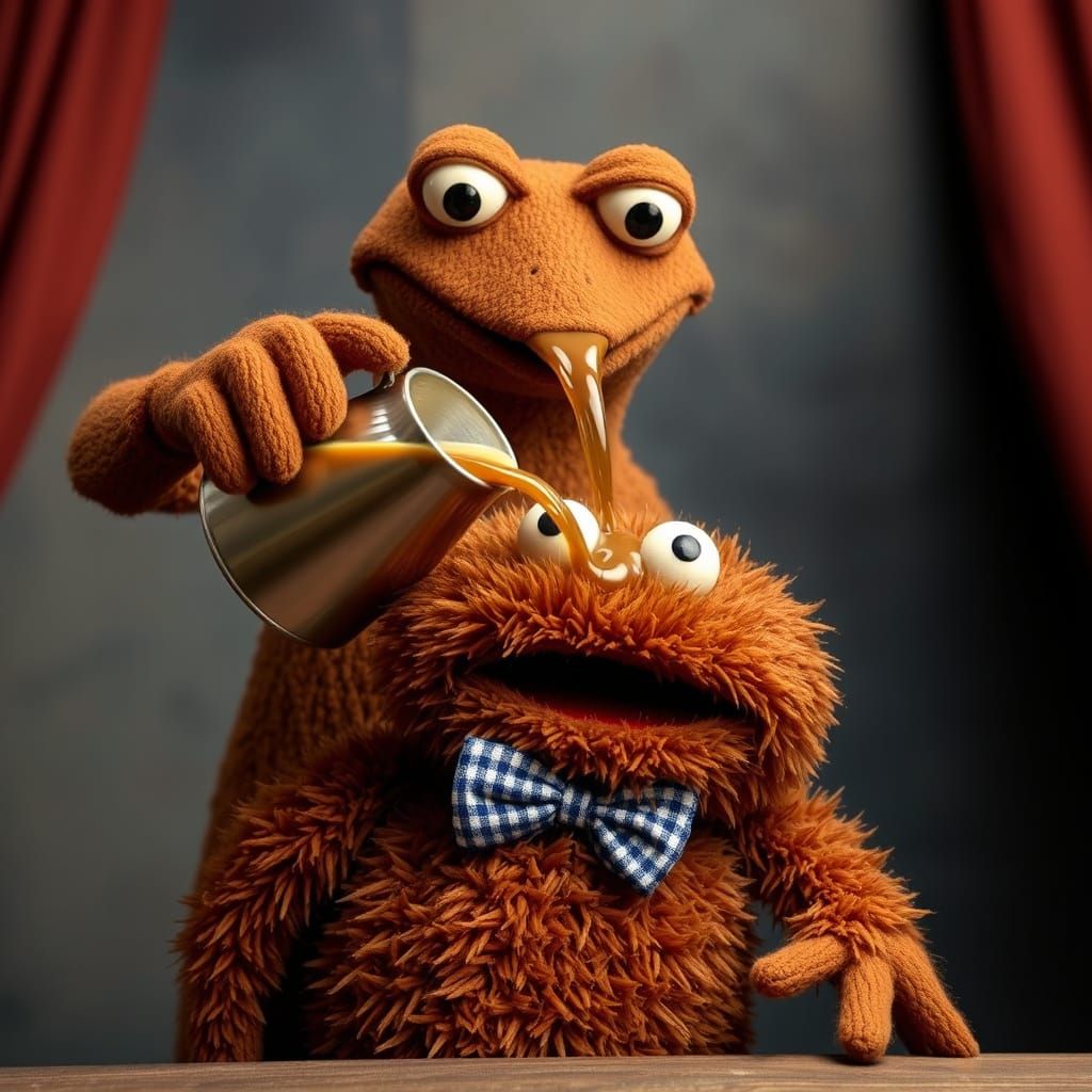 Wilkins, the brown froglike puppet, pours a pot of hot Wilkins Coffee all over the brown puffy puppet Wonkins.