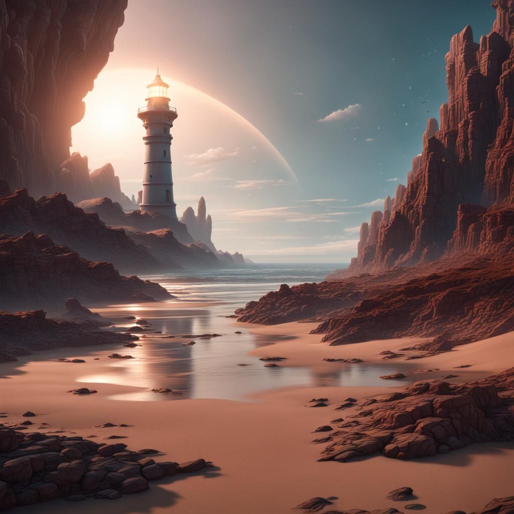 Alien Seashore with Lighthouse: Detailed Matte Painting