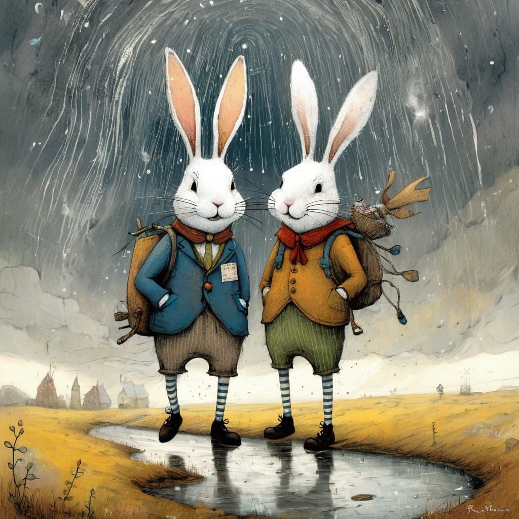 Cartoon Rabbits in Sparkling Storm: Whimsical Friendship
