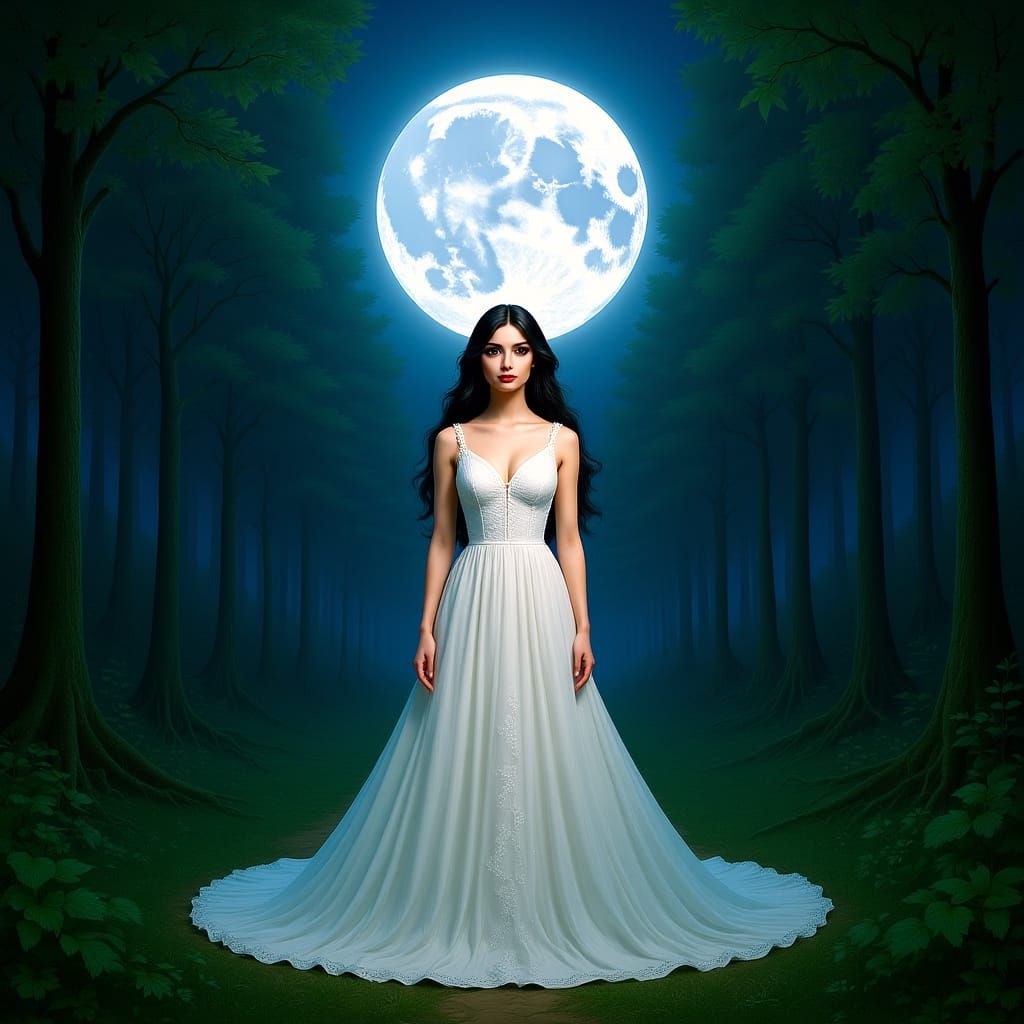 Ethereal Forest Woman with Moon, in Digital Art Style