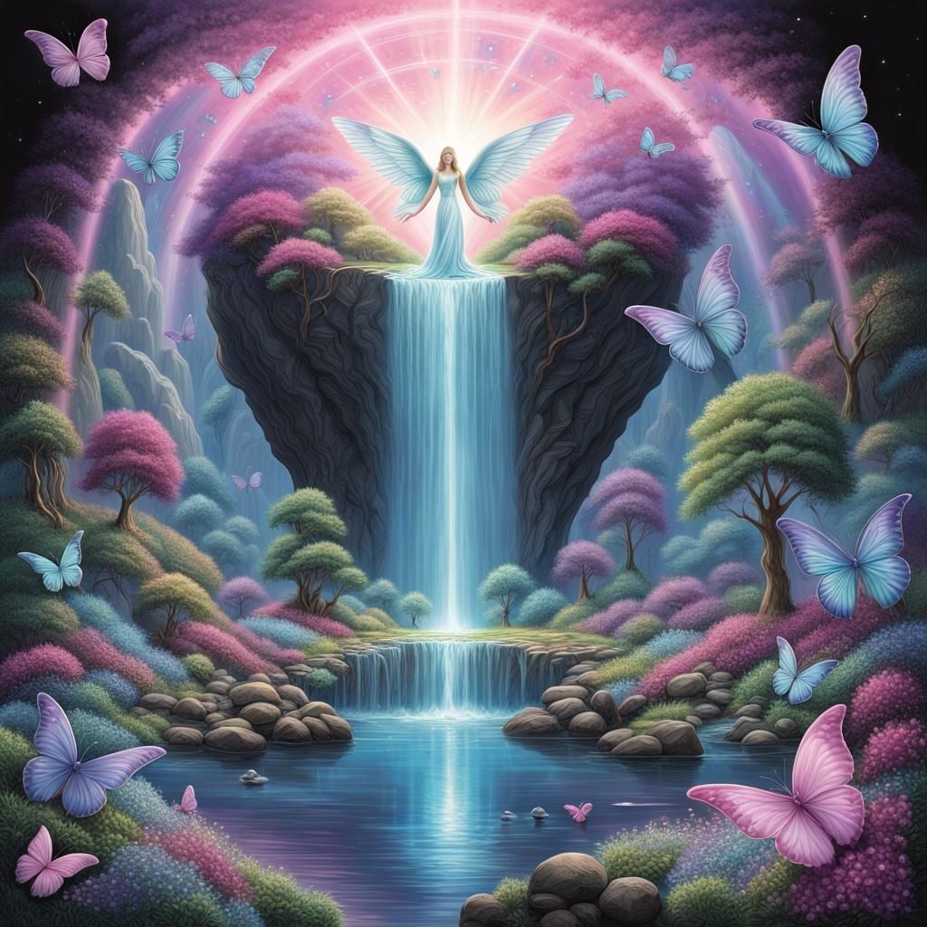 Heart-Shaped Utopia with Rainbow Waterfall and Angelic Being...