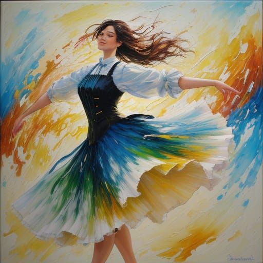 Neo-Impressionist Oil Painting of a Dancing Woman