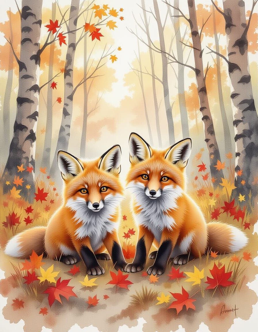 Alert Fox Cubs in Autumn Forest