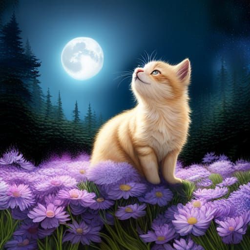 Surreal Cub Cat Stares Up at Vibrant Moonlit Garden
