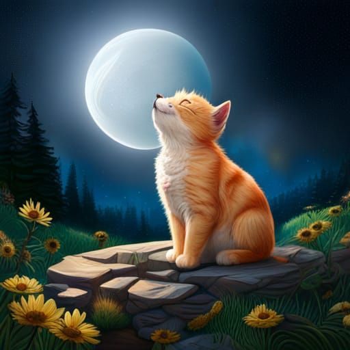 Hyperrealistic Cat Gazing at Moon, Detailed Fur