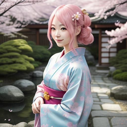 A Pastel Yokai Girl Blooms in a Japanese Garden
