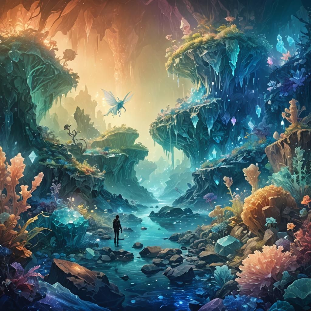 Crystal Cavern Adventure: Bioluminescent Gemstone Fantasy