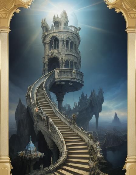 Surreal Dystopian Staircase in Escher Style