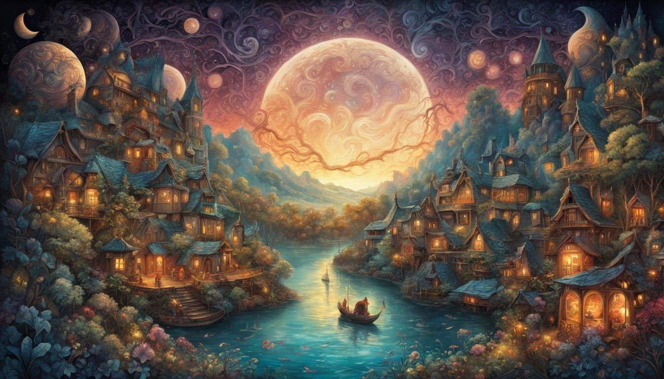 Surreal Moonlit Dreamscape in Vibrant, Impasto-Inspired Art