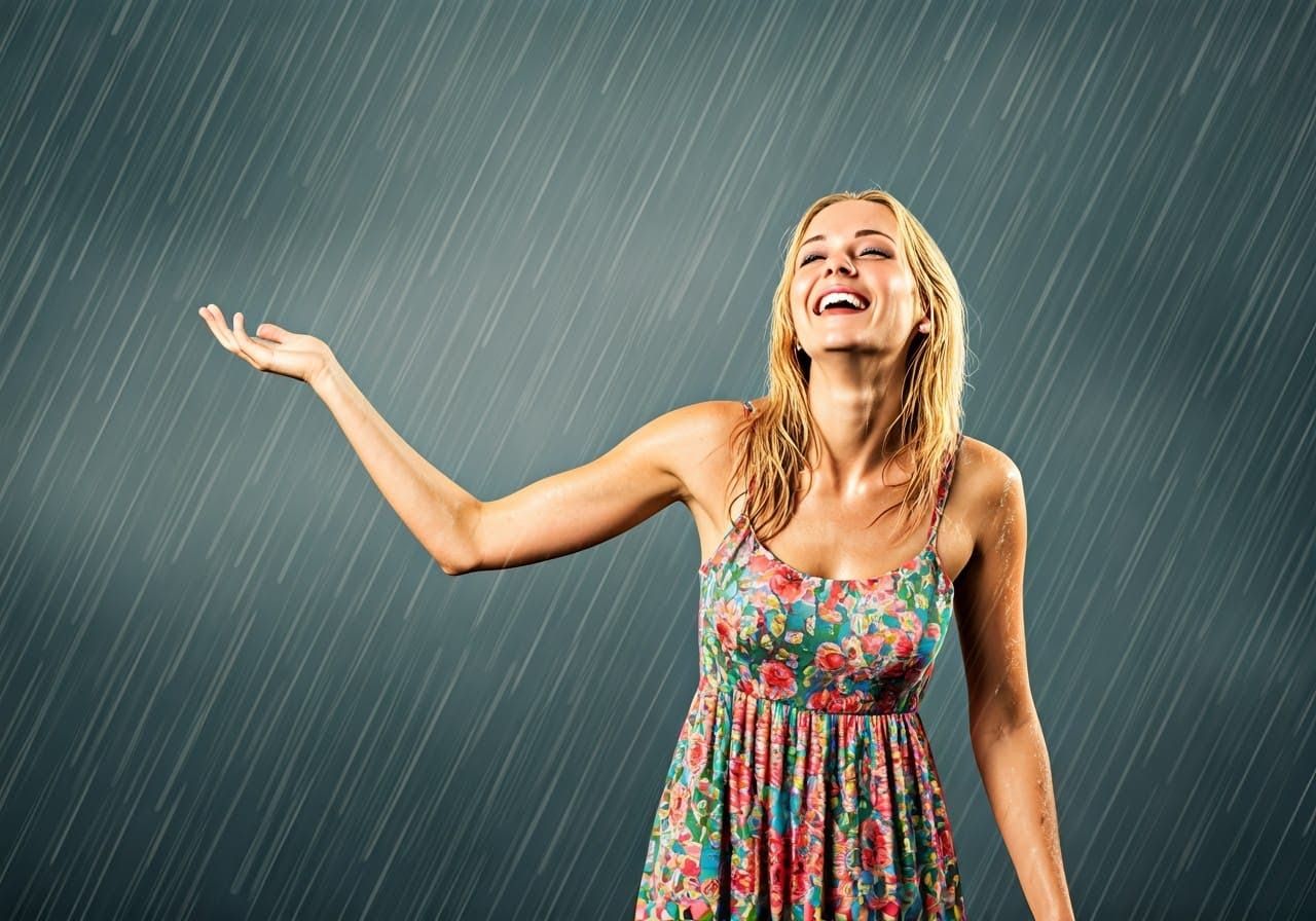 Joyful Woman Embracing a Refreshing Rainstorm in a Vibrant S...