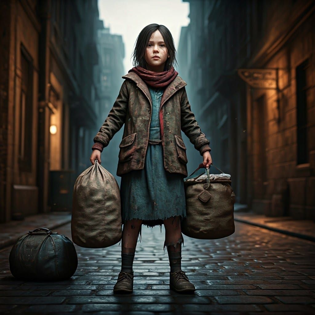A Shivering Girl Begging in a Dark Alley: 3D Render