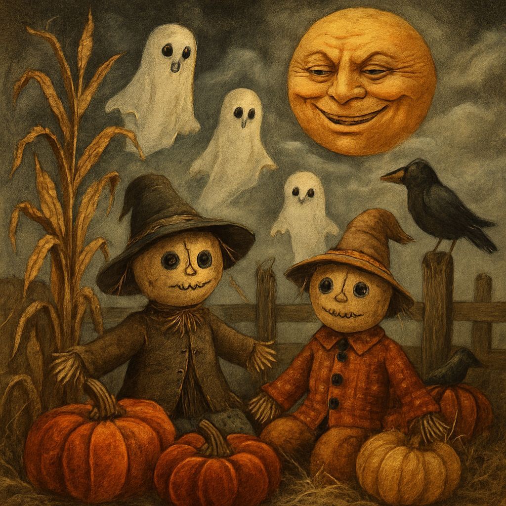 Hand-Sewn Scarecrows on Autumn Night in Mixed Media Style