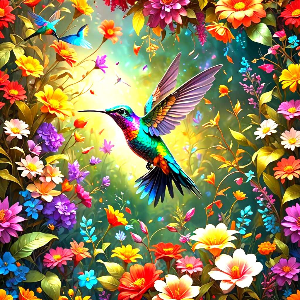 Colorful Hummingbird Among Flowers in 3D