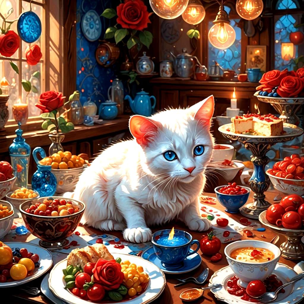 Cat and Mouse Enjoying Kitchen, Detailed Matte Painting
