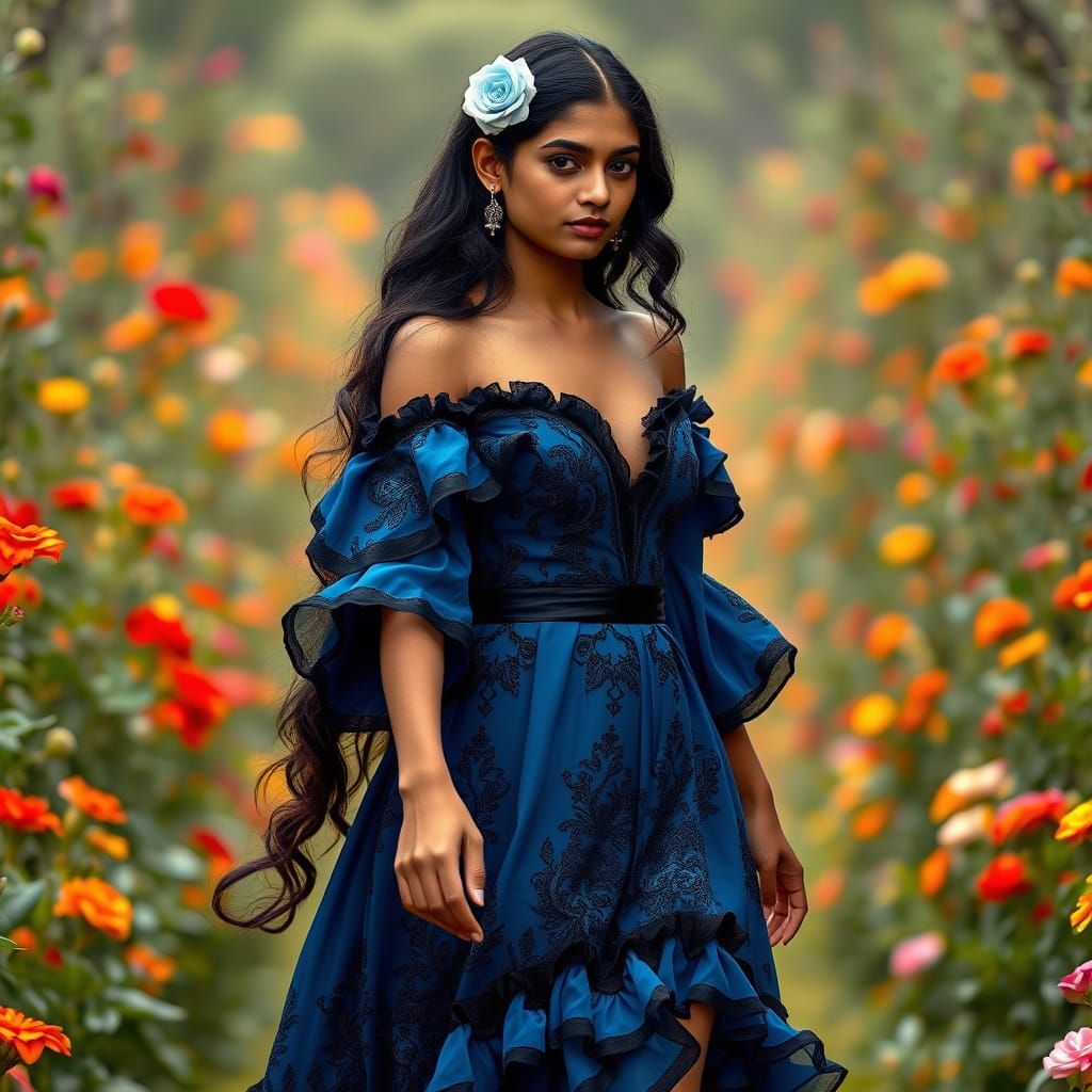 Indian Woman in Haute Couture in Magical Garden