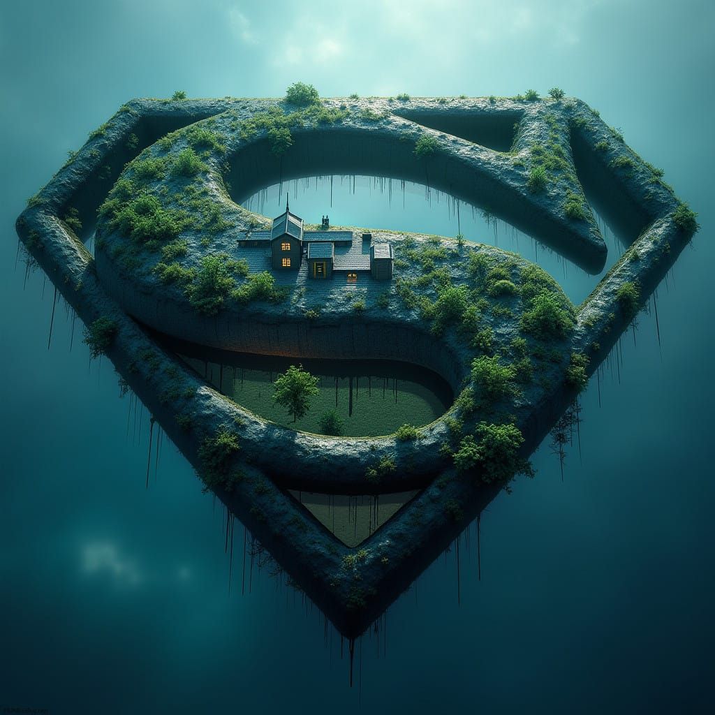 Dreamlike House within Superman Emblem in Blue and Green