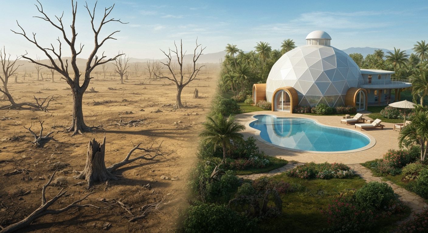 Dome Home Contrasted with Arid Wasteland in Digital Matte Pa...