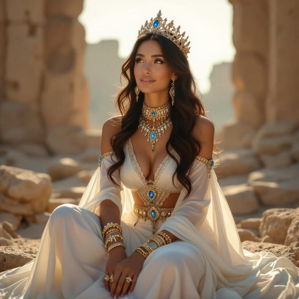 Celestial Princess on Ancient Ruins in Golden Sunlight