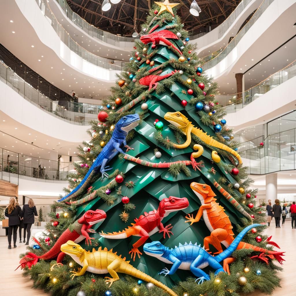Large Christmas tree made out of recycled plastic decorated with colorful reptiles