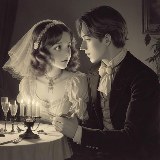 Romantic 1930s Couple in Colored Ink Illustration