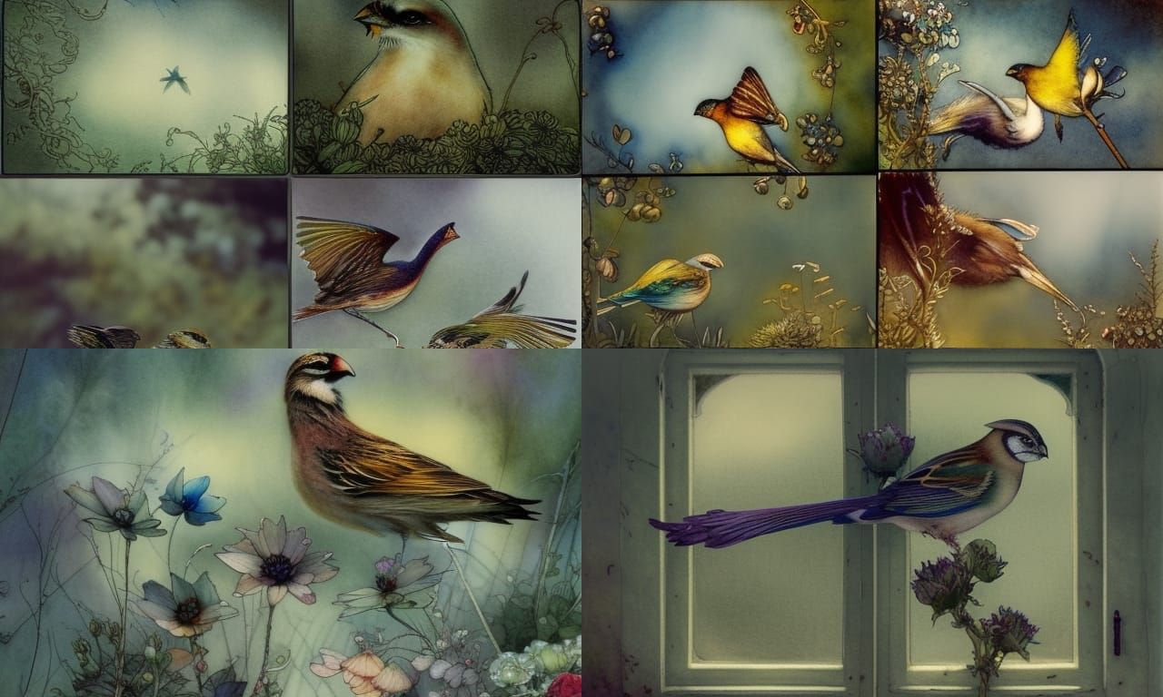 Linnets in Sunlight: Aquarelle Painting with Iridescent High...