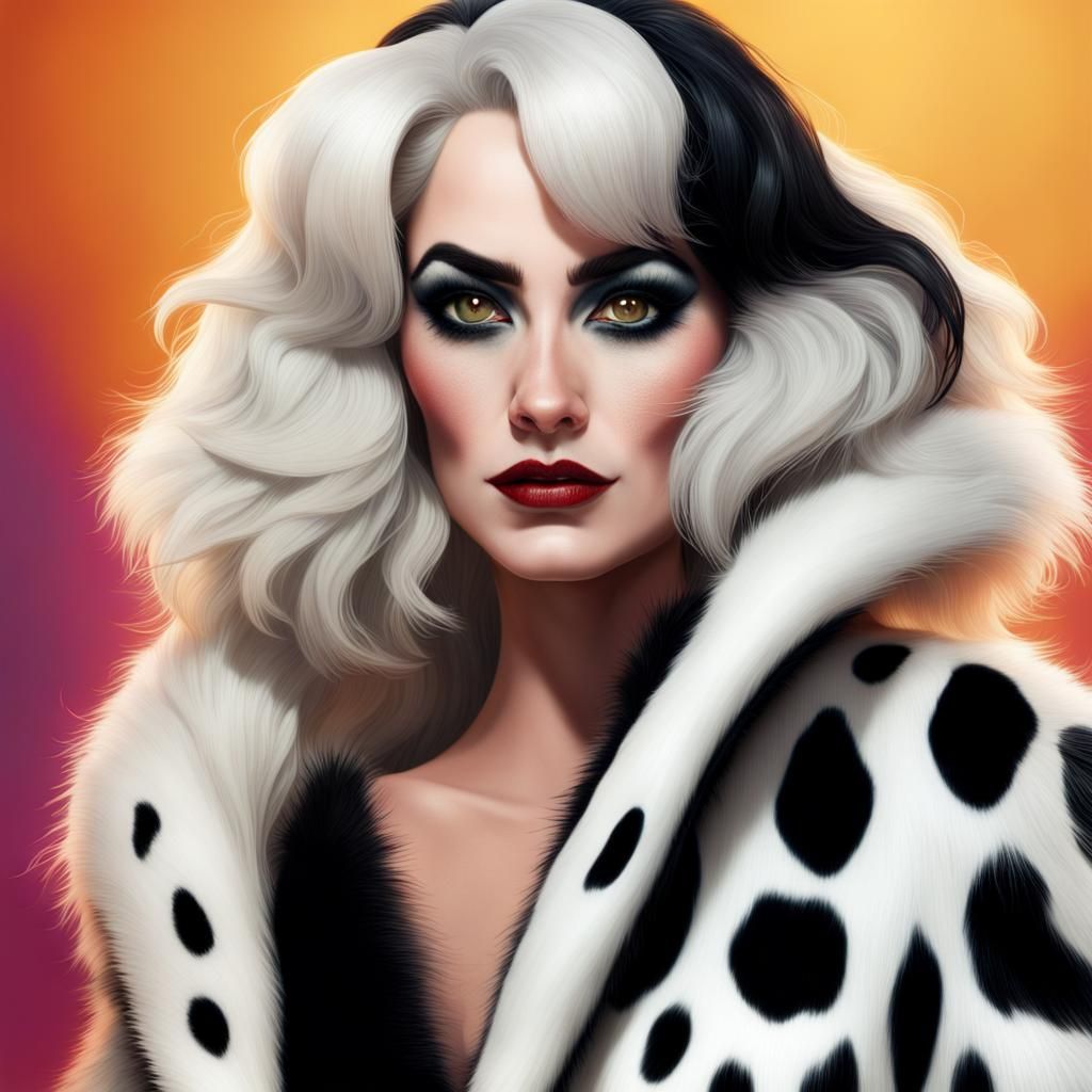 Cruella de Vil in Dalmatian Fur, Hyperrealistic Art