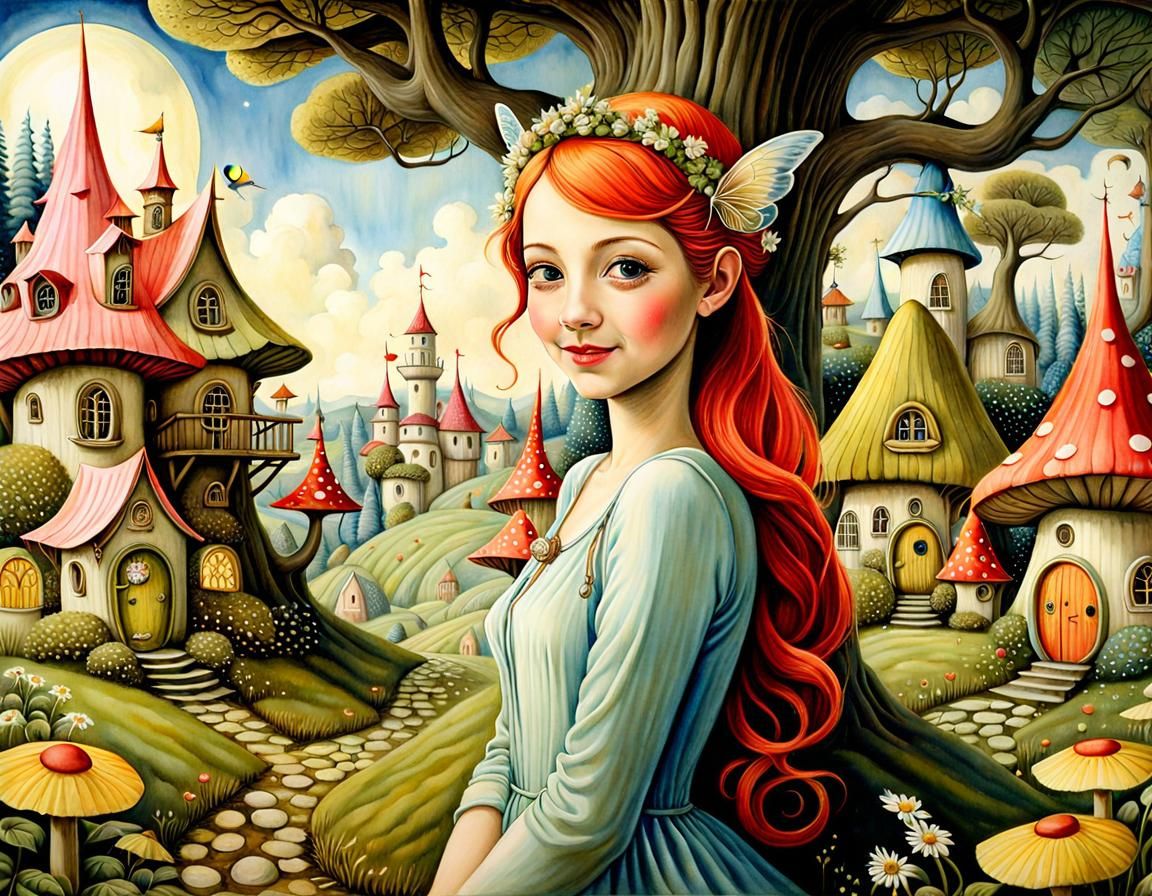 Smiling Fairy in a Whimsical Village, Pop Surrealism