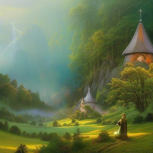 Hobbit Church Prayer Scene in Ethereal Style
