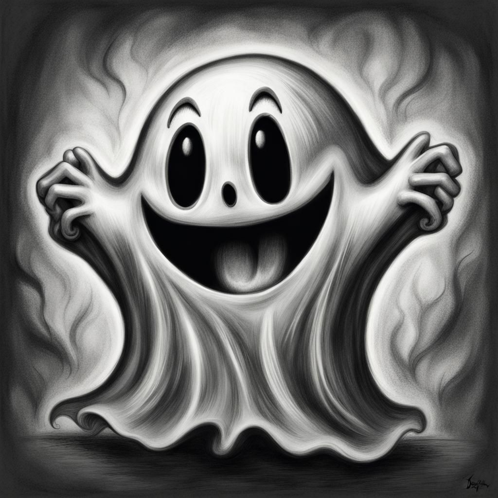 Happy Cartoon Ghost in Charcoal Style