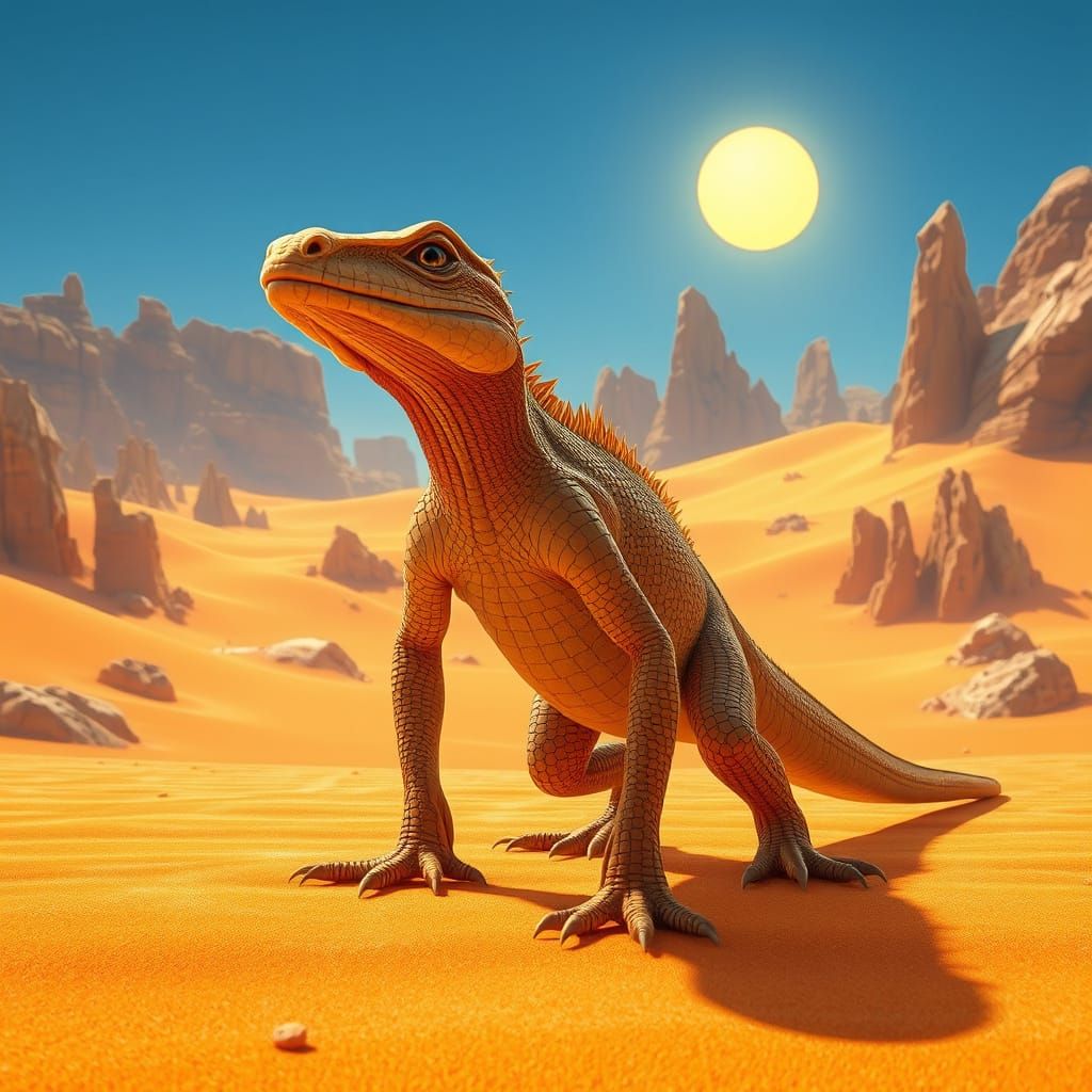 Hyper-Realistic 3D Lizard Dominates Desert Landscape