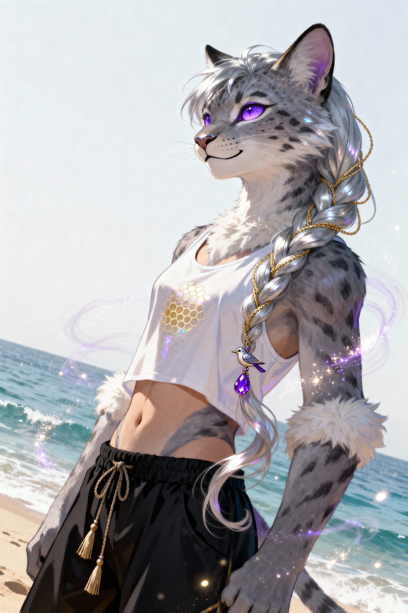 Furry Lynx Goddess Gazes Over Ocean in Sunlight