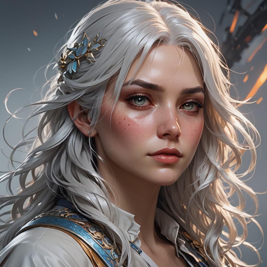 White-Haired Girl Portrait in Art Nouveau Style