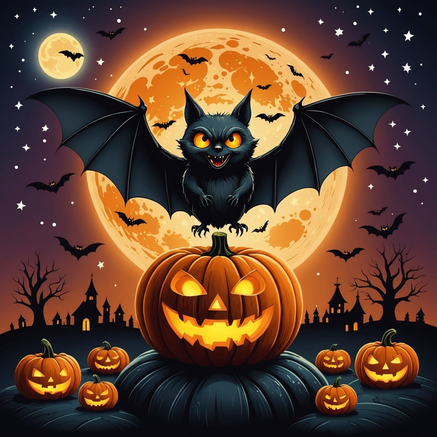 Creepy and Funny Halloween Scene with Bat and Pumpkin