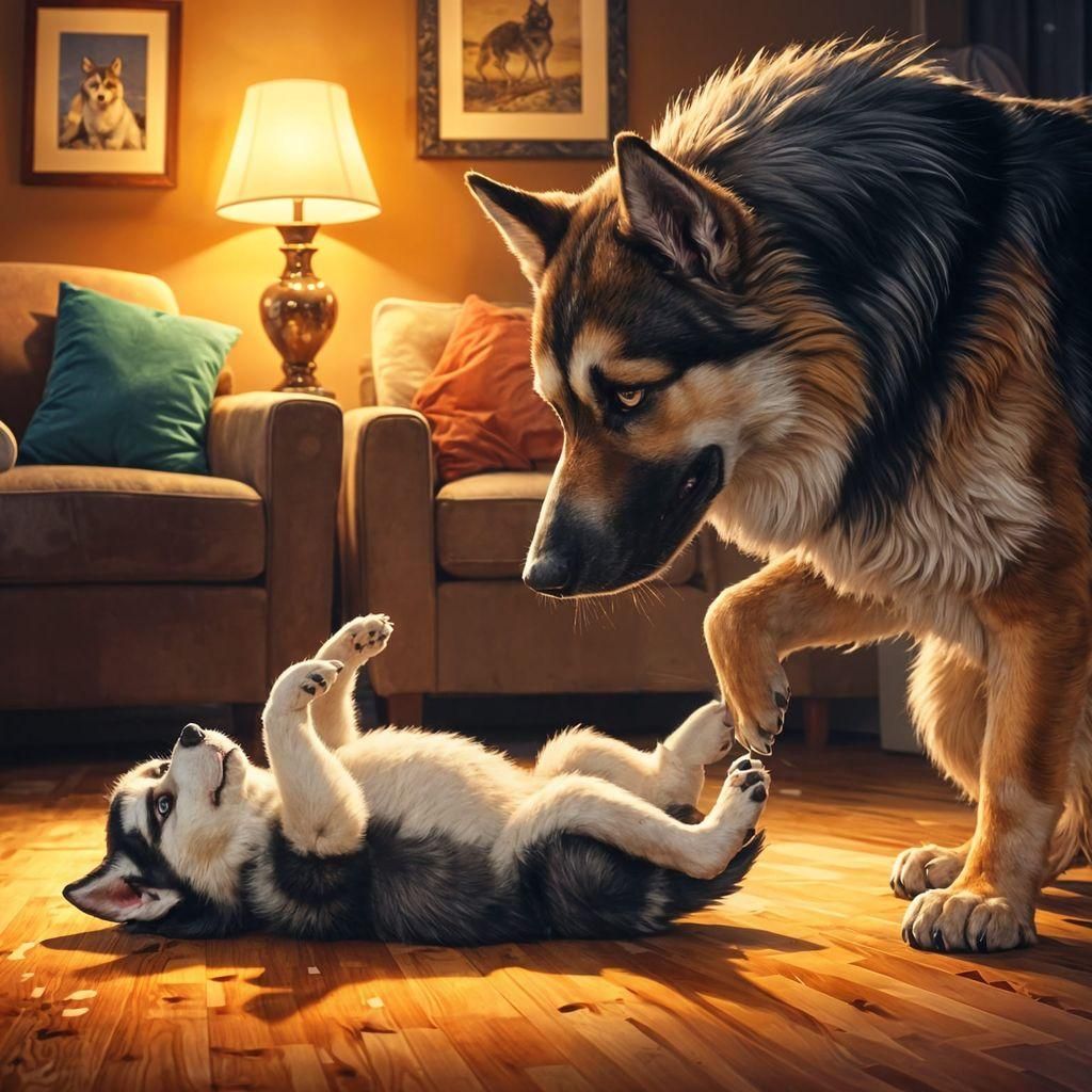Happy Husky Puppy Meets German Shepherd Friend