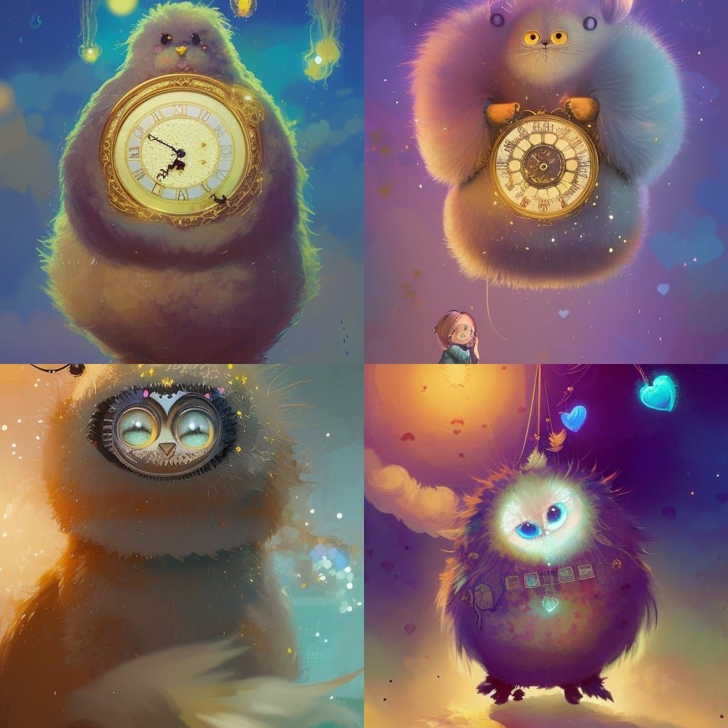 Floofy Monster Holding a Golden Clock in Digital Art