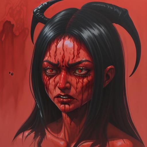 Demon Crying Blood: Detailed Gouache Painting
