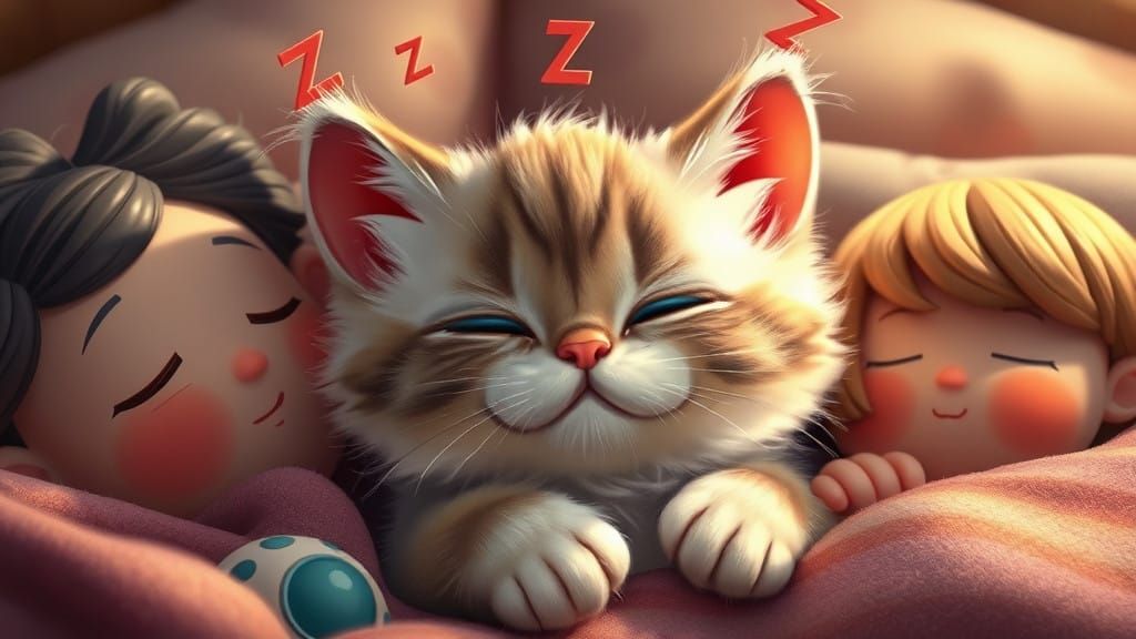 Whimsical Kitten Family Slumber Scene in Vibrant Disney-Insp...