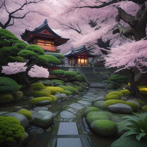 Serene Japan Lady in a Vibrant Cherry Blossom Garden