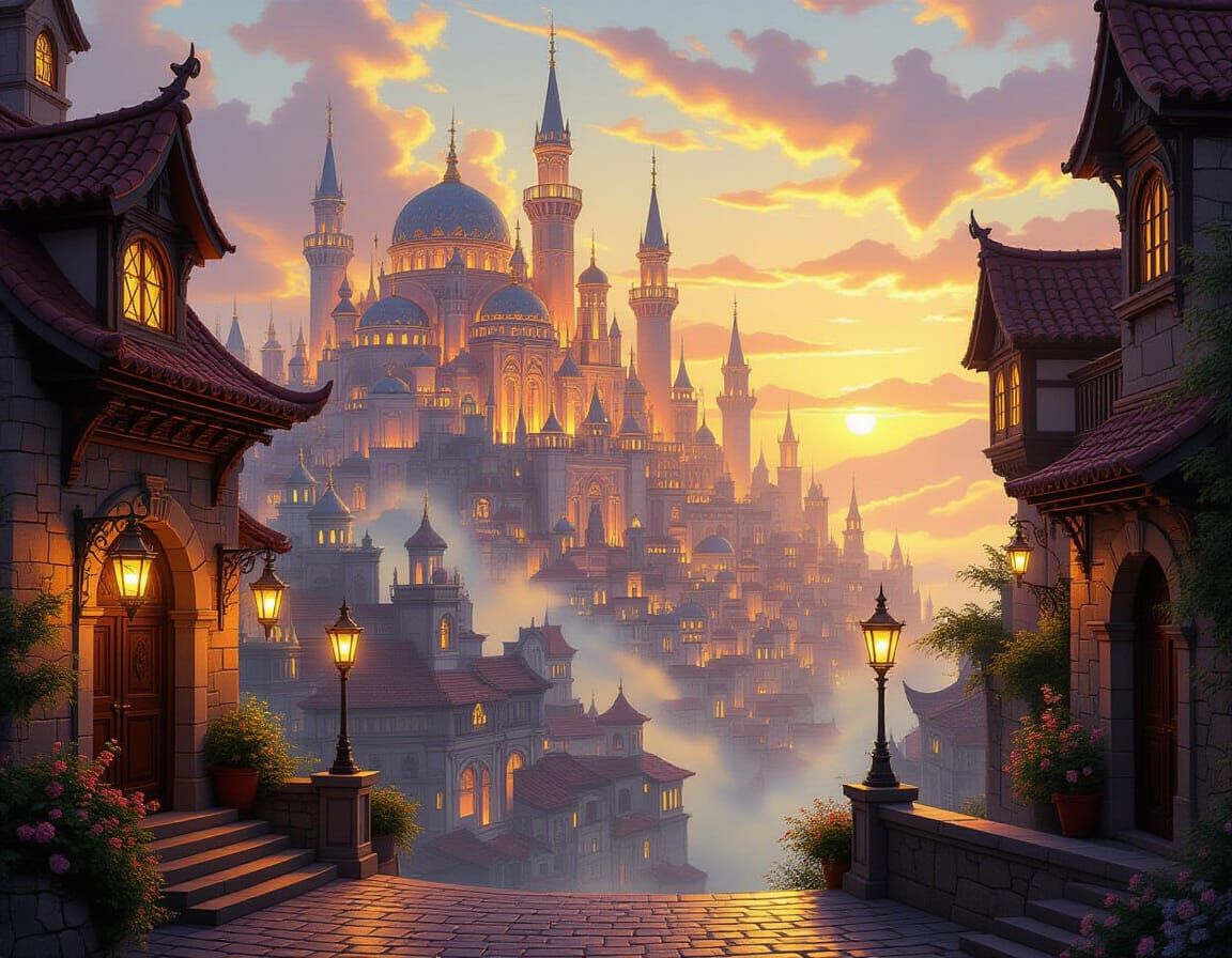 Epic Romantic Magical City Glowing in Golden Hour Light