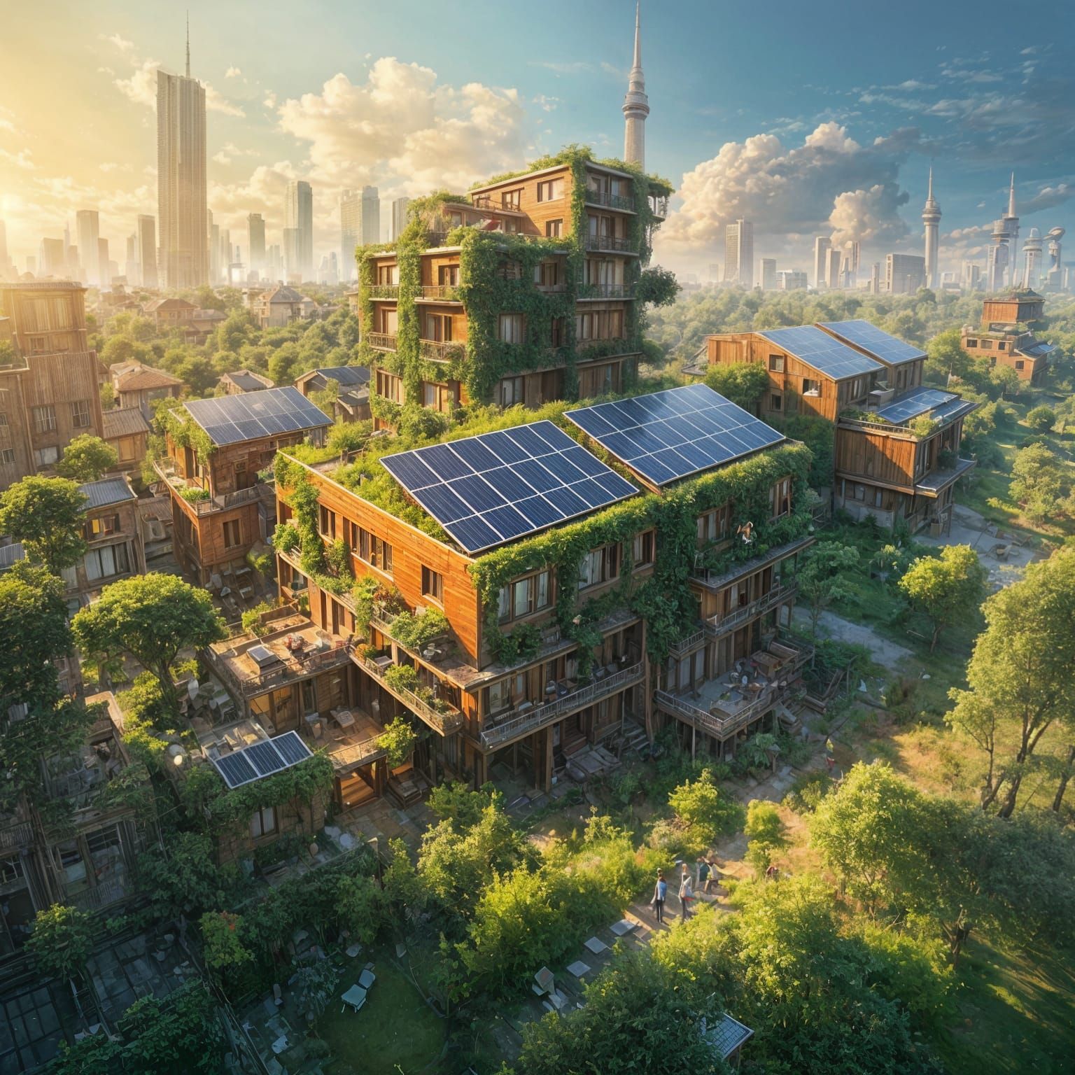 des immeubles d'habitation recouverts de végétation et de panneaux solaires Greg Rutkowski techniques mixtes soft focus