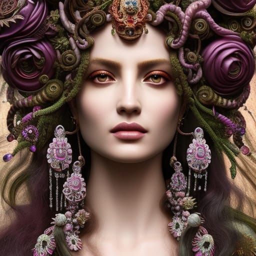 Medusa Portrait with Flowers and Jewels: Fantasy Art