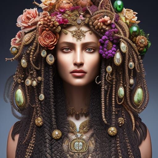 Medusa Portrait with Jewels and Flowers